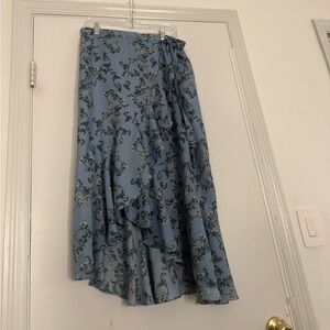Blue Floral Faux Wrap Midi Skirt